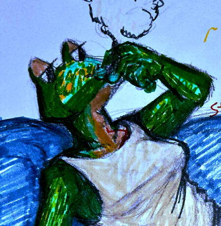 a blue-green frog smoking on a blue couch